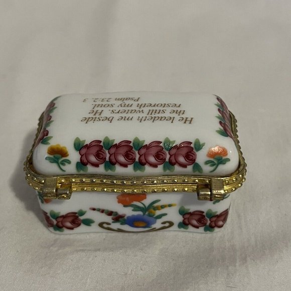 Imperial Porcelain Square Shaped Hinged Trinket Box w/Bible Verse Psalm 23:2,3 - Picture 2 of 4